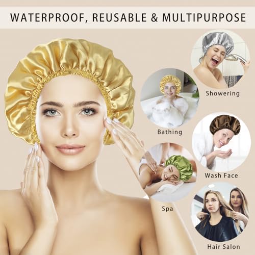 4 PCS Shower Cap for Women, Elastic and Reusable Bath Caps, Double Layers Shower Caps Reusable Waterproof, Bathing Shower Caps, Environmental Bath Hair Protection Cap -Gold+Green+Silver Gray+Brown - color: Gold+Green+Silver Gray+Brown