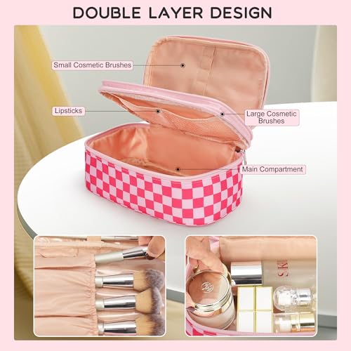 Relavel Makeup Bag, Cute Travel Cosmetic Bag, Small Pink Make Up Bags, Portable Toiletry Storage for Women Girl, Waterproof Makeup Organizer for Gym, Camping, Trip, Daily Use - Rose Red - color: 01A-Hot Pink CheckBoard, size: MEDIUM
