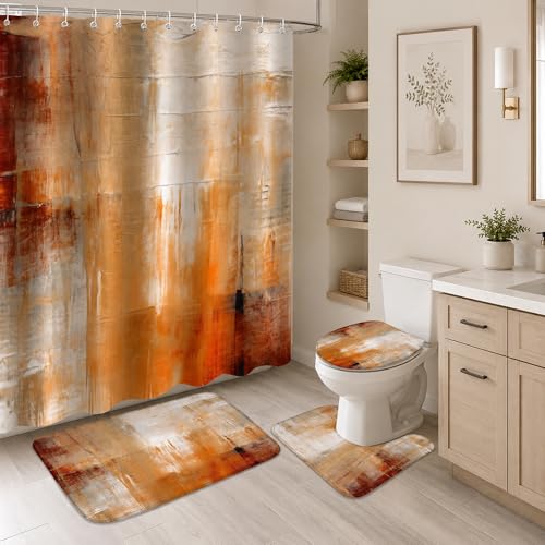 4Pcs Burnt Orange Abstract Shower Curtain Set, Rust Brown Bathroom Shower Curtain with Rugs and Accessories,with Non-Slip Rugs, Toilet Lid Cover and Bath Mat for Bathroom Set Decor - color: Orange Brown