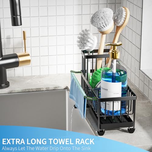Cisily Sponge Holder for Kitchen Sink, Sink Caddy Organizer with High Brush Holder, Kitchen Countertop Organizers and Storage Essentials, Rustproof 304 Stainless Steel (Black with Towel Rack, 9.25″) - color: Black With Towel Rack - 9.25″