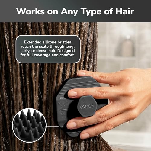 SILKLE Scalp Massager Shampoo Brush – Silicone Scalp Scrubber for Hair Growth & Dandruff Removal, One-Piece, Non-Slip Handle, Soft Bristles, Wet/Dry Shower Scalp Exfoliator for All Hair Types – Black - color: Black