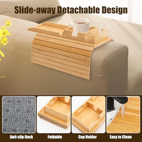 Bamboo Couch Cup Holder, Foldable and Anti-Slip Sofa Arm Table with Detachable Sofa Arm Organizer Tray, Portable 2 in 1 Sofa Armrest Tray for Drink, Coffee, Cup, Remote, Snacks, Cellphone, Glasses