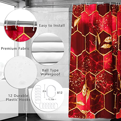Poedist 4 Pcs Bathroom Shower Curtain Set,Red Honeycomb Marble Bathroom Sets with Rugs(Bath Mat,U Shape and Toilet Lid Cover Mat) and 12 Durable Hooks - color: Red