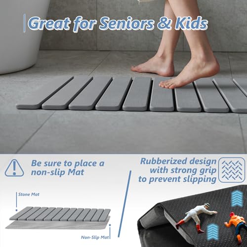 AWW Foldable Stone Bath Mat, Diatomaceous, 31.5"x15.7", Grey | Quick-dry surface, super absorbent, easy-clean finish, non-slip mat included, and compact storage for small bathrooms - color: Grey, size: 31.5" x 15.7"
