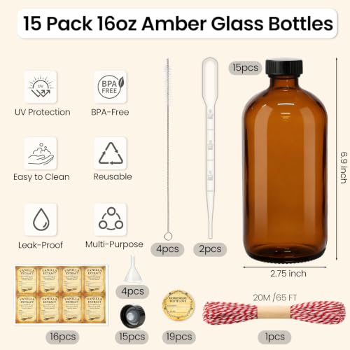 TBWIND 15 Pack 16oz Amber Glass Boston Round Bottles with Airtight Caps | Designed for Homemade Vanilla Extract, Kombucha, Syrups, Herbal Liquids & Tinctures with Droppers, Labels & Funnels - size: 16oz