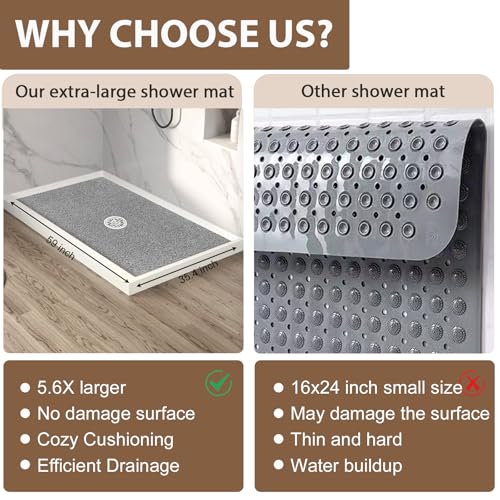 Shower Mat Non Slip: 59 x 35.4 Inch Extra Large Shower Mats for Inside Shower with Drain Hole - Soft PVC Loofah Anti Slip Shower Stall Mat for Walk-in Shower and Bathroom, Quick Drying - color: Grey, size: 59" x 35.4" (Rectangular)