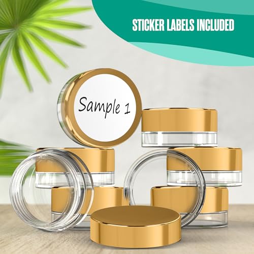 Houseables Sample Containers, Sample Jars, Lip Balm Containers, Mini Jars with Lids, Small, Empty, Makeup, Powder, Gloss, Cosmetic, Tiny, Dab, Wax, Scrub, Little, Travel, Plastic, Gold, 3 Gram, 50 PK - color: Gold, size: 50 Pack