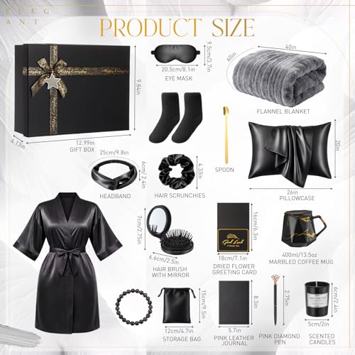 Twistover 16 Pcs Birthday Gifts for Women: Luxury Robe & Blanket Spa Gift Basket for Women -scented Candle, Mug, Notebook, Pillowcase & Spa Accessories(Black) - color: Black