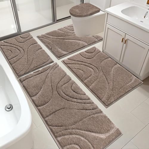 HEBE Bathroom Rugs Sets 5 Piece, Soft Absorbent Microfiber Bath Mat for Bathroom, Non Slip Washable Bath Rug Set with Toilet Cover, Bath Runner and U-Shaped Contour Toilet Rug, Coffee - color: Brown, size: 18"x26"+20"x32"+20"x48"+U20"x24"+Cover19"x21"
