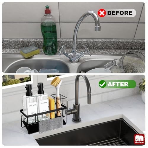 GMISUN Kitchen Soap Dispenser Set, 12 fl oz / 350 ml Dish Soap Dispensers with Sponge Holder, Customized Clear Glass Dish soap Dispenser for Kitchen, Modern Soap Dispensers Set Removable - color: Clear Bottle + Black Rack