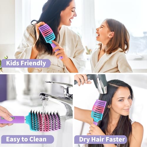 Boar Bristle Hair Brush Set of 2, HIPPIH Wet & Dry Hair Brushes Made by Fine Natural Boar Hair Can Adds Shine and Smoothing, Detangling Hairbrush for Women, Men & Kids' Long Curly Thick Hair - color: Mint Green & Purple