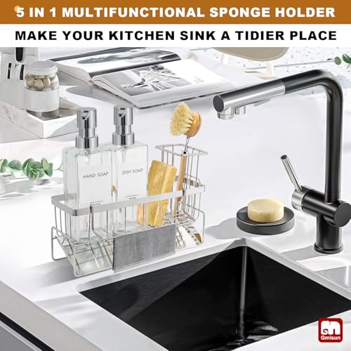 GMISUN Kitchen Soap Dispenser, 12 Fl oz/350ml Clear Dish Soap Dispenser with Silver Sponge Holder, Customized Glass Dish Soap Dispensers for Kitchen, Modern Hand and Dish Soap Dispensers Set Removable - color: Clear Bottle + Silver Rack