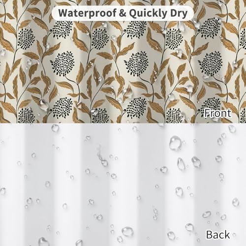 Vintage Botanical Shower Curtain with Hooks, Boho Brown Leaf and Black Floral Cluster Print Waterproof Fabric Bath Curtain for Farmhouse French Country Bathroom Decor, 71x74 Inches - color: Boho Botanical