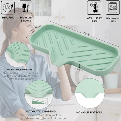 YASMEN Silicone Bathroom Soap Dishes, Sink Sponge Holder for Kitchen, Rubber Soap Dish with Drain, Shower Soap Sponge Tray, Sink or Counter Organizer, for Bar Soap, Bottle, Dish Soap Dispenser- Green - color: Green, size: M(9"×3.15" )