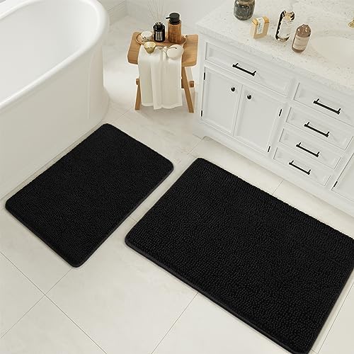 LOCHAS Bathroom Rugs Sets 2 Piece, 17 x 24 Plus 20 x 32 Inches Thick Non Slip Bath Rug Set, Absorbent Soft Chenille Bath Rug, Machine Washable Quick Dry Bath Mat for Bathroom Floor, Black - color: Black, size: 1'5" x 2' (Rectangular)