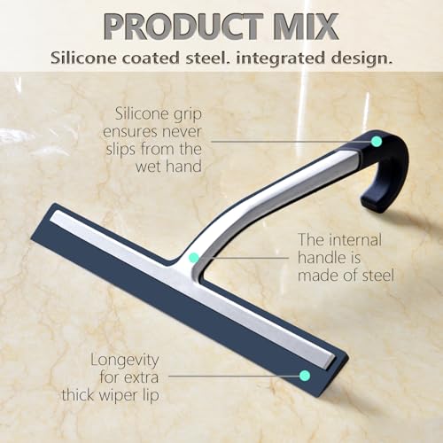 Shower Squeegee for Glass Doors – 10" Silicone Squeegee with Built-in Hook, One-Piece Seamless Design, Streak-Free & No-Scratch Window Cleaner for Bathroom, Mirrors & Tiles (Black) - color: Black, size: 10 Inch