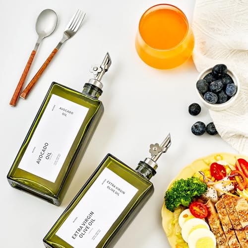 Olive Oil Dispenser Bottle for Kitchen, 16.9oz /500ml Cooking Vinegar Dispenser Bottle Set, Glass Sauce Container, Labels, Brush, Funnel, Stoppers, Green for Oil, Wine - color: Silver, 4 Pack