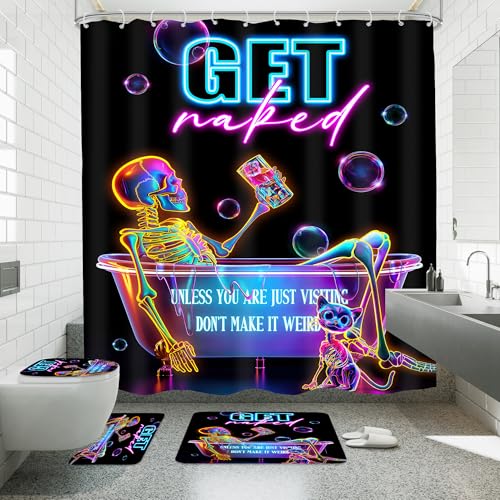 4 PCS Funny Skeleton Skull 72Wx72H Shower Curtain Set Halloween Bathroom Set Neon Goth Spooky Cool Unique Bath Rug Toilet Lid Cover U Shape Mat Accessories Bathroom Decor with 12 Hooks - color: A 01skeleton, size: 72"W x 72"L (Pack of 4)