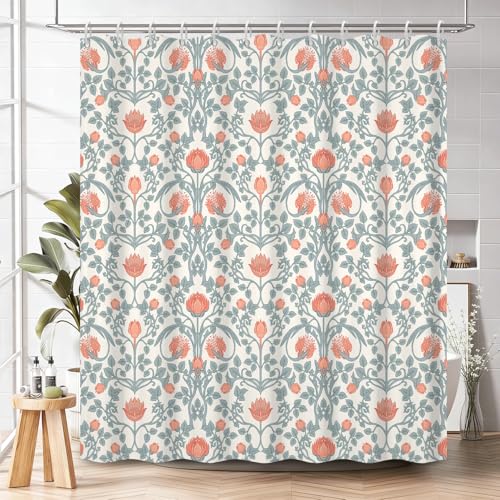 Vintage Floral Shower Curtain with Hooks, William Morris Style Botanical Print Waterproof Fabric Bath Curtain for Cottagecore & Farmhouse Bathroom Decor, 71x74 Inches - color: Classic Flora
