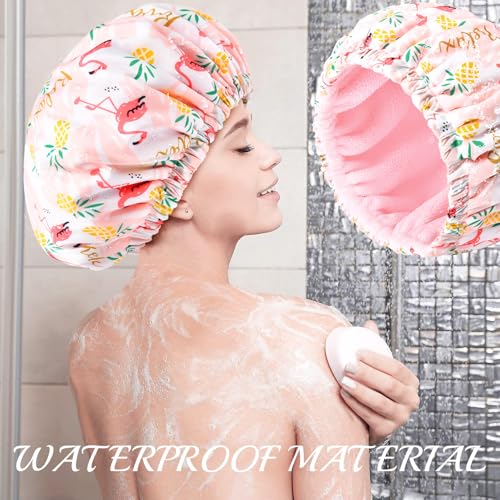 Shower Cap for Women Terry Lined Bath Cap Large Reusable Waterproof Elastic Band Pink Flamingo Shower Caps for Long Thick Hair Soft Bath Shower Hair Caps - color: Pink Flamingo