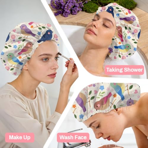 Bohemian Birds Flowers Reusable Shower Cap Cute Double Layer Waterproof Shower Caps Large Elastic Hair Cover Adjustable Hair - Drying Caps for Woman Bath SPA Travel One Size Fits Most - color: Birds Flowers