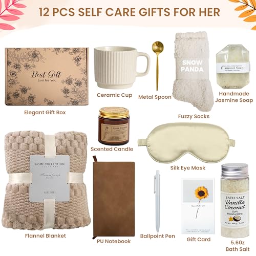Birthday Gifts for Women, Personalized Self Care Gift Basket with 50"x60" Flannel Blanket, Spa Gift Set for Mom, Sister, Friend, Wife, Coworker, Thinking of You Care Package - color: Khaki-12 Pc