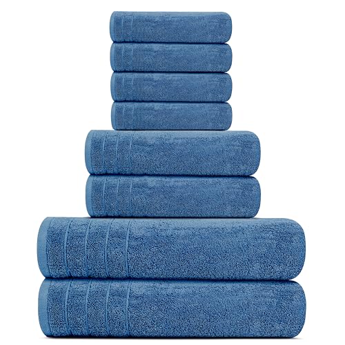 Tens Towels Pack of 8 Towels Set, 2 Extra Large Bath, 2 Hand, 4 Washcloths, 100% Cotton, Lighter Weight, Quicker to Dry, Super Absorbent, Perfect for Bathroom, Blue - color: Blue