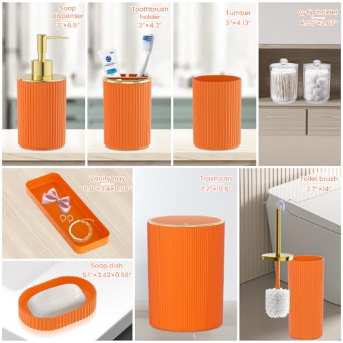 Orange Bathroom Accessories Set, 10PC Bathroom Set, Bath Accessory with Pop Up Trash Can, Soap Dispenser, Toilet Brush, Toothbrush Set Qtip Holders & Tray - color: Orange & Gold, size: 10-Piece Set (Accessories Only)