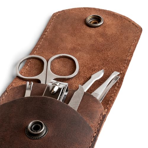 Leather Double Nail Clipper Case, Travel Scissors Cover for Men & Women, Grooming Kit Cases, Personal Manicure Set Organizer, Mens Care, Clippers, Fingernail Trimming, Toenail Pedicure, Nails Cutting - color: Bourbon Brown