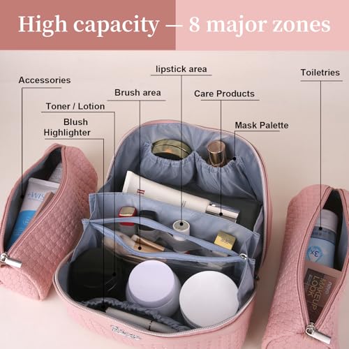 BOYATU Travel Makeup Bag Cosmetic Bags for Women: Large Capacity 3 Pcs Set Make up Bag with Compartments - Waterproof Vegan Leather Toiletry Organizer Bags with Handle (L39 Pink) - color: L39 Pink