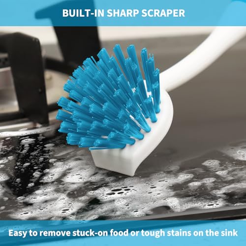 Dish Brush with Handle, 2 Pack Scrub Brushes with Built-in Scraper for Cleaning Kitchen, Pots, Pans and Sink, Scrubber Washing Tools, Blue - color: Blue