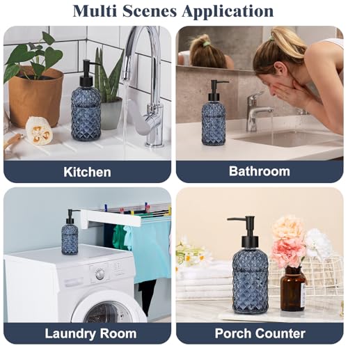 13.5oz Glass Soap Dispenser with Plastic Pump, Diamond Design Refillable Hand Soap Dispenser for Hand Wash, Bathroom and Kitchen (Blue Grey) - color: Blue Grey