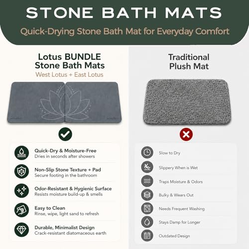 Lotus Stone Bath Mat Set (2 Mats) | Quick-Dry, Non-Slip Diatomaceous Earth Bath Mat, 23.6”×15.4” | West + East Bundle, Luxury Diatomite by JapandiSpirit