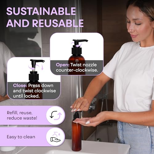 BRIGHTFROM Lotion Pump Bottles, Empty 8 OZ, BPA-Free Refillable Plastic Containers, Amber with Black Dispenser for - Soap, Shampoo, Lotions, Liquid Body Soap, Creams and Massage Oil (3 PACK) - color: Amber