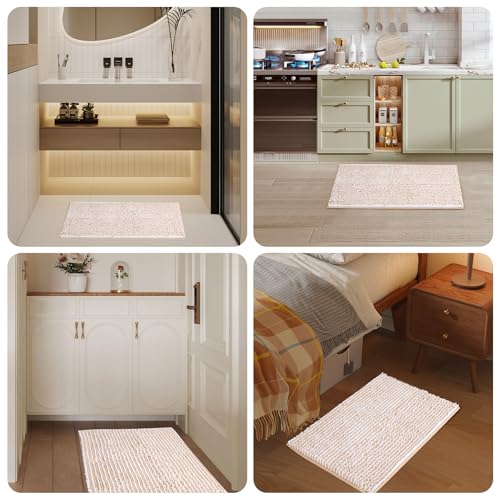 Chenille Bathroom Rugs Set 2 Piece, Absorbent Bath Rugs, Non-Slip Bath Mats, Machine Washable Rugs for Bathroom Floor, Tub and Shower, Champagne&White (20 × 32 Plus 17 ×24 - Inch) - color: Champagne &White