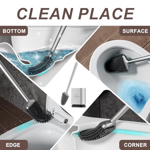 Sellemer Toilet Brush and Holder Set - Flexible Toilet Bowl Brush Head with Silicone Bristles, Compact Size for Storage and Organization, Ventilation Slots Base (1 Pack, Silver) - color: Silver-1pcs