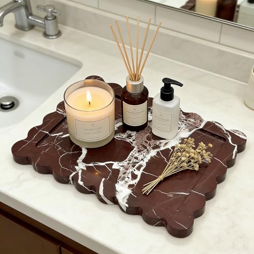 Real Natural Red Marble Tray, Luxury Scalloped Marble Tray, Decorative Rectangle Marble Tray for Vanity Bathroom Kitchen Coffee Table Jewelry Perfume Home Decor - color: Rosso Lepanto