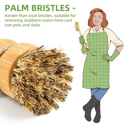 SUBEKYU Bamboo Dish Scrub Brushes, Kitchen Wooden Cleaning Scrubbers Set for Washing Cast Iron Pans/Pots, Set of 2 - color: Ceramics Base+1p Sisal+1p Palm, size: Regular size