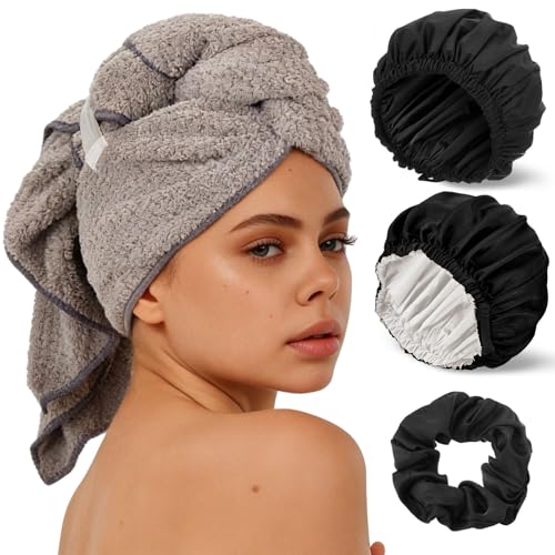 4 Pcs Microfiber Drying Hair Wrap Towels Reusable Waterproof Shower Cap with Elastic Band Adjustable Silk Hair Bonnet for Sleeping with Scrunchie for Women Christmas Favor Gifts(Black)