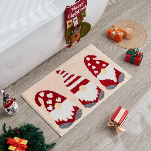 Douceur Christmas Gnome Bathroom Rugs, Cute Beige Bath Mat, Soft and Absorbent Washable Bath Rugs 24"X16" - color: Christmas Gnome-beige, size: 1'4" x 2' (Rectangular)