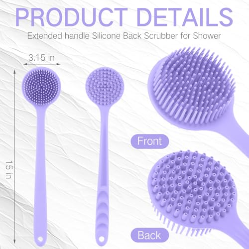 Sunnyray 2 Pack Silicone Back Scrubber for Shower with 15" Long Handle Double-Sided Bath Body Brush for Exfoliating Easy to Clean Quick Dry Deep Cleaning Lathers Well(Purple) - color: Purple
