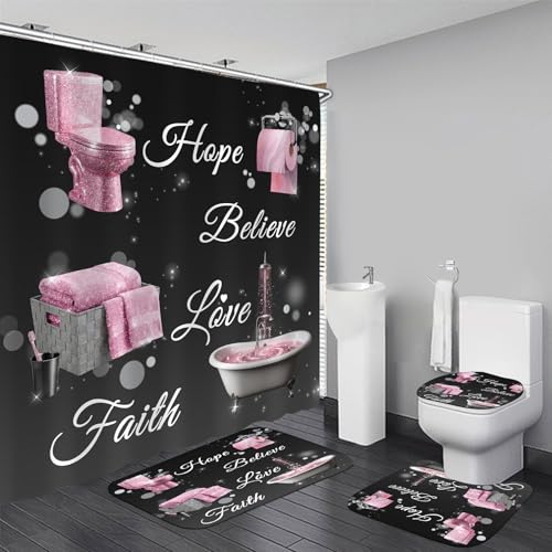 4 Piece Shower Curtain Set with Rugs, Inspirational Quotes Hope Believe Love Faith Bathroom Decor, Pink and Black Chic Aesthetic Bath Curtain with 12 Hooks, Non-Slip Mat - color: Pink Bath