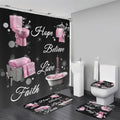 4 Piece Shower Curtain Set with Rugs, Inspirational Quotes Hope Believe Love Faith Bathroom Decor, Pink and Black Chic Aesthetic Bath Curtain with 12 Hooks, Non-Slip Mat - color: Pink Bath