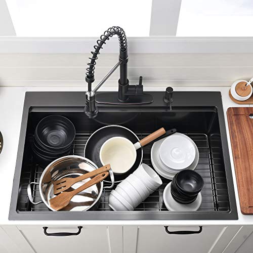 33 Inch Black Drop In Kitchen Sink Workstation - VOKIM 33x22-Inch Drop In Sink Stainless Steel Top Mount 16 Gauge Single Bowl 10'' Deep Handmade Kitchen sink with Cutting Board& Strainer - color: Black, size: 33"L x 22"W x 10"D