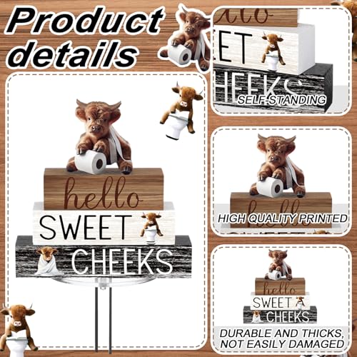 Cinnvoice 4 Pcs Highland Cow Bathroom Decor Farmhouse Bathroom Decoration Western Hello Sweet Cheeks Table Centerpiece Gift for Christmas Valentines Back to School - style: Highland Cow Hello Sweet Cheeks