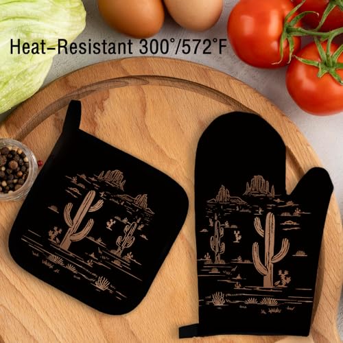 Western Desert Black Oven Mitts and Pot Holders Set, Cactus Kitchen Decor, Southwest Western Over Mittens for Kitchen - color: Black