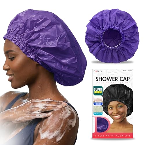 DONNA Super Jumbo Shower Cap – Comfortable Elastic Band, 100% Waterproof Hair Cap for Long Hair, Braids & Thick Styles, Reusable Big Shower Cap for Women, Keeps Hair Dry & Protected, PURPLE - color: PURPLE