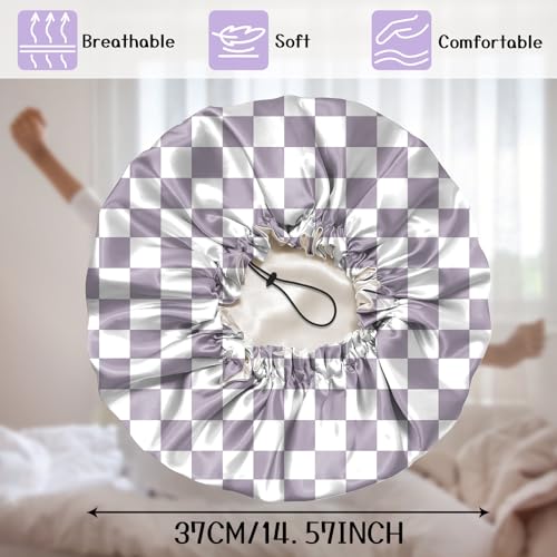 Luxury Shower Cap Silk Satin Lined Waterproof Reusable Adjustable Elastic Dry Hair Bathing Caps Cute for Women Girls-Purple Checkered - color: C-16-Purple Checkered