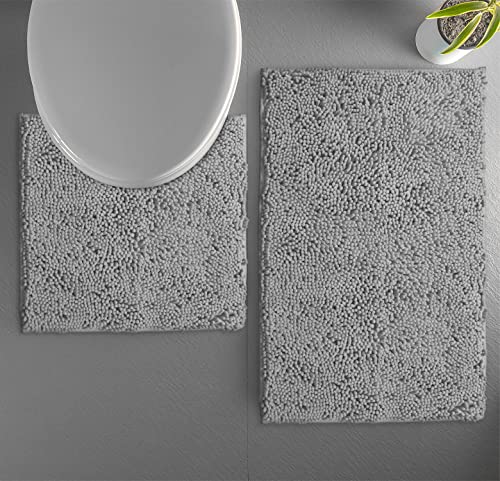LuxUrux Soft Chenille Area Rug Set, 2 Piece Sets, U-Shape Contoured Toilet Base Mat & 31x20 Mat, Absorbent Washable Mats, Microfiber Dries Quickly, Bath Rugs for Tub, Light Grey. - color: Light Grey, size: 2 Piece Set