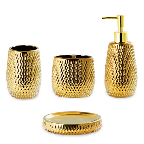 Gold Bathroom Accessory Set 4 Piece Ceramic Bath Accessories Sets Complete, Rain- Drop Shaped Bathroom Essential with Toothbrush Holder & Dish, Tumbler, Soap Dispenser Set for Bath Decor - color: Gold01